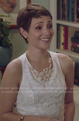 April’s white rose textured dress on Chasing Life