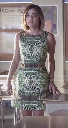 Aria’s green printed dress on Pretty Little Liars
