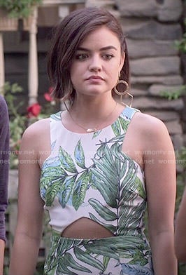 Aria’s leaf print dress with triangle cutout on Pretty Little Liars