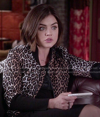 Aria’s leopard print bomber jacket on Pretty Little Liars