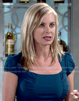 Ashley’s teal dress with ruched sides on The Young and the Restless