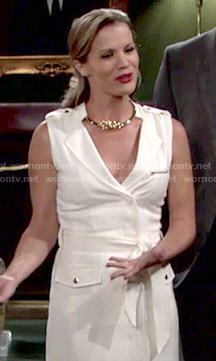 Chelsea’s white sleeveless belted dress on The Young and the Restless
