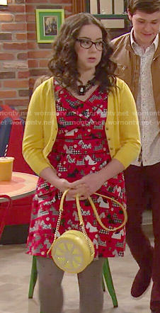 Delia’s red dog print dress and lemon bag on I Didn’t Do It