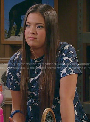 Jasmine’s blue paisley print top on I Didn’t Do It