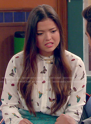 Jasmine’s butterfly and bug print blouse on I Didn’t Do It