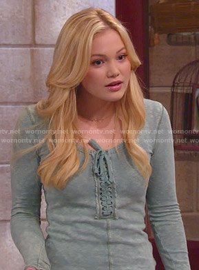 Lindy’s green lace up top on I Didn’t Do It
