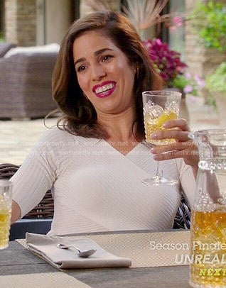 Marisol’s white ribbed cross front dress on Devious Maids