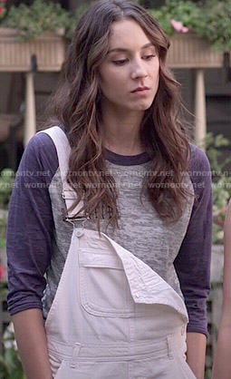 Spencer’s white short overalls and baseball tee on Pretty Little Liars