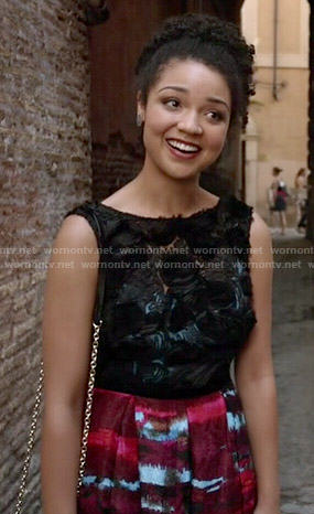 Beth’s dress with red skirt and black textured bodice on Chasing Life