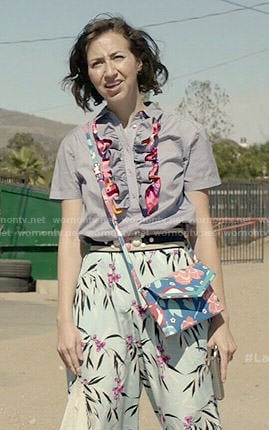 Carol’s blue ruffled shirt, floral culottes and pink bow flats on Last Man on Earth