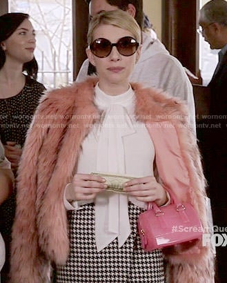 Chanel’s pink fur jacket, asymmetric houndstooth skirt and white blouse on Scream Queens