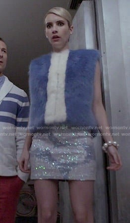 Chanel’s blue fur vest and sequinned skirt on Scream Queens