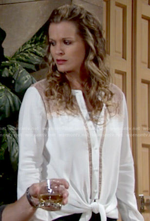 Chelsea’s white lace panel tie-front blouse on The Young and the Restless