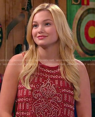 Lindy’s red beaded top on I Didn’t Do It