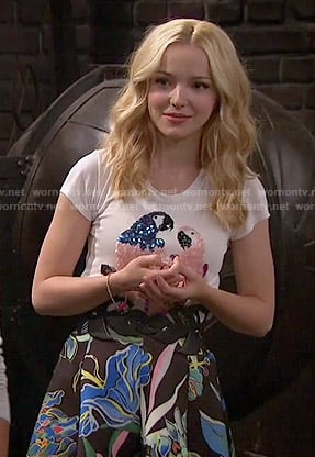 Liv’s sequin bird tee and tropical print skirt on Liv and Maddie