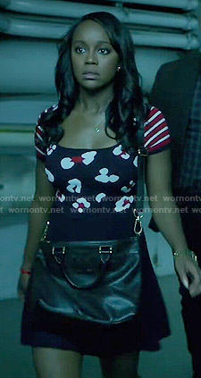Michaela’s navy dress with striped sleeves on How to Get Away with Murder