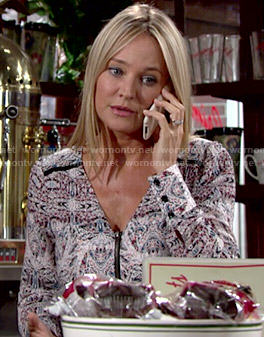 Sharon’s printed zip front blouse on The Young and the Restless