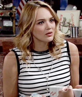 Summer’s black and white striped sleeveles top on The Young and the Restless