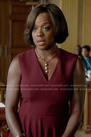 Annalise’s burgundy v-neck dress on How to Get Away with Murder