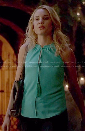 Camille’s aqua tie front top on The Originals