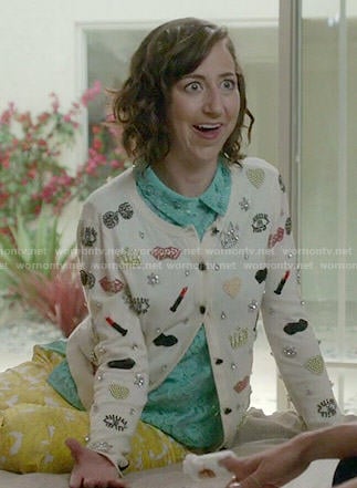 Carol’s embellished cardigan and green collared lace top on Last Man on Earth