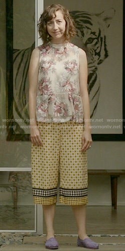 Carol’s sheer floral top and yellow printed culottes on Last Man on Earth