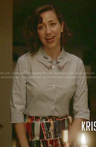 Carol’s blue button down shirt with fingers collar on Last Man on Earth