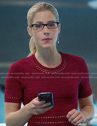 Felicity’s red ribbed dress on Arrow