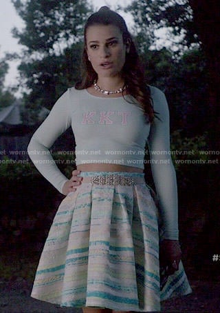 Hester’s blue and green striped skirt and KKT crop top on Scream Queens