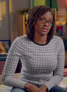 Iris’s blue printed long sleeve top on Switched at Birth