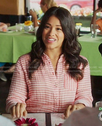 Jane’s coral striped button front shirt on Jane the Virgin