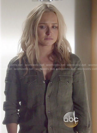 Juliette’s green button front shirt on Nashville