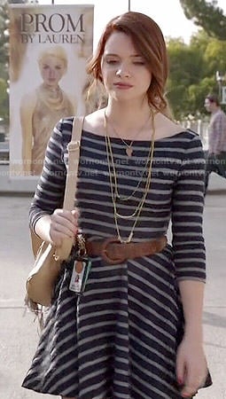 Karma’s navy striped dress on Faking It