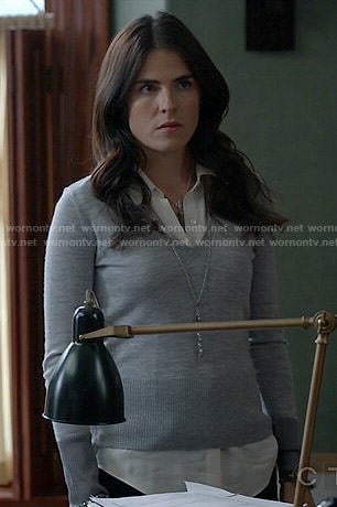 Laurel’s grey v-neck sweater on How to Get Away with Murder