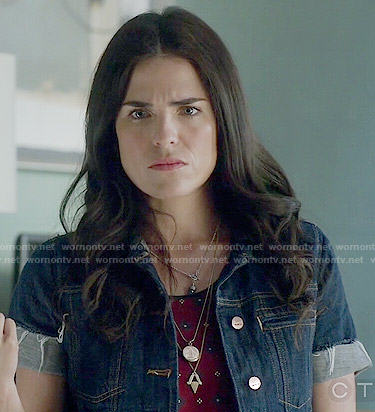 Laurel’s red printed top and short sleeved denim jacket on How to Get Away with Murder