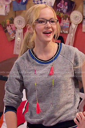 Maddie’s grey sweatshirt with blue trim on Liv and Maddie