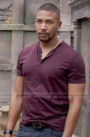 Marcel’s dark purple henley tee on The Originals