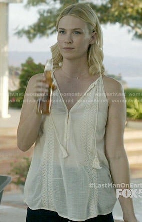 Melissa’s white top with tassels on Last Man on Earth
