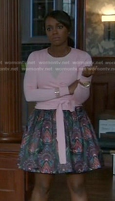 Michaela’s pink wrap sweater and printed skirt on How to Get Away with Murder