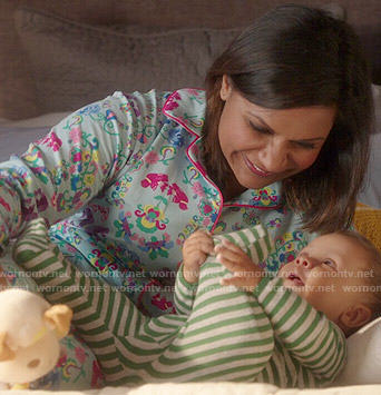 Mindy’s blue flower and bird print pajamas on The Mindy Project