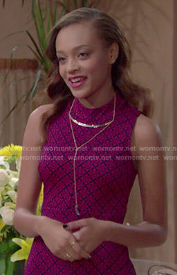 Nicole’s pink and navy printed high-neck dress on The Bold and the Beautiful