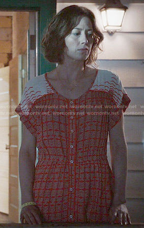 Nora’s red and white printed button front dress on The Leftovers