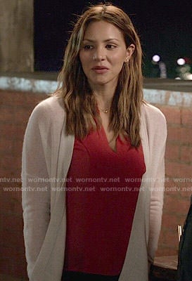Paige’s red blouse and white cardigan on Scorpion