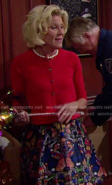 Pam’s butterfly print skirt and red cardigan on The Bold and the Beautiful