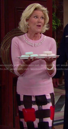 Pam’s pink beaded collar sweater and printed skirt on The Bold and the Beautiful