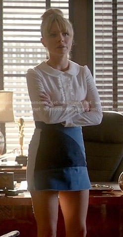 Rhonda’s denim patchwork skirt and white collared blouse on Empire