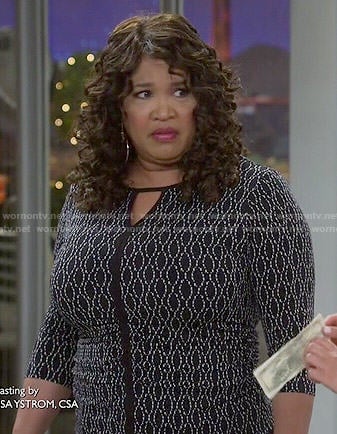 Yolanda’s black printed keyhole top on Young and Hungry
