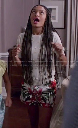 Zoey’s floral shorts and embellished sweater on Black-ish
