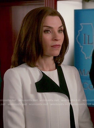 Alicia’s white jacket with black trim on The Good Wife