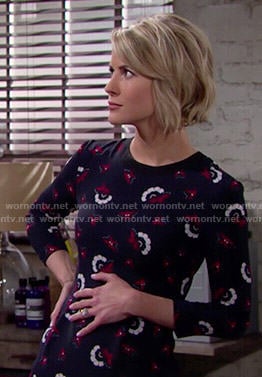 Caroline’s navy and red printed dress on The Bold and the Beautiful